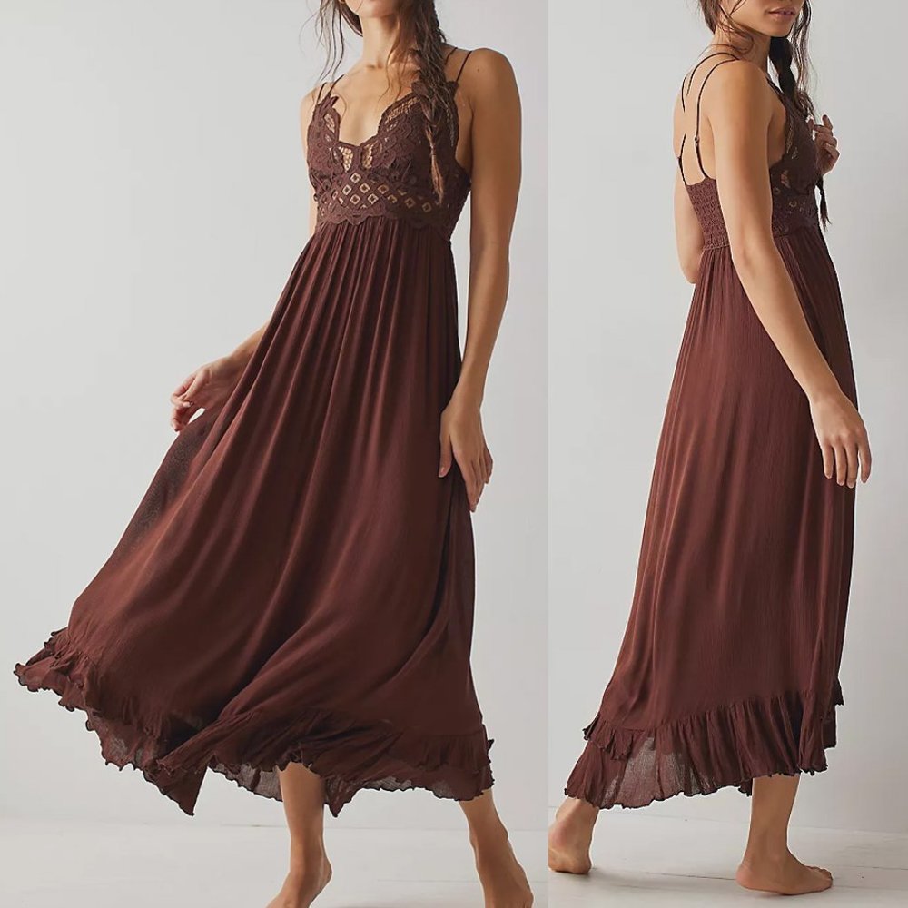 NEW Free People FP One Adella Long Maxi Slip Dress Crochet Lace Chocolate $128 L - Picture 1 of 10